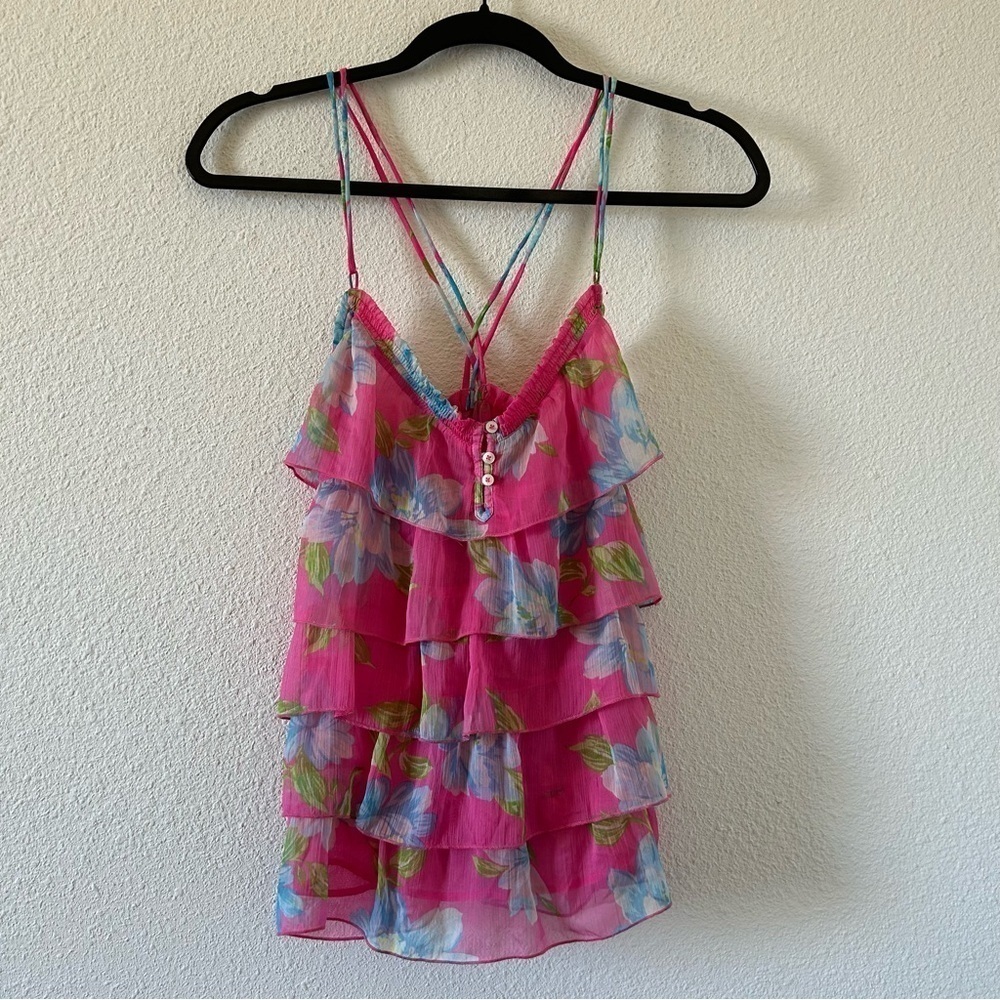 Hollister Women’s Ruffle Tank Top Medium Pink Blue Floral Print  Garden Fairy